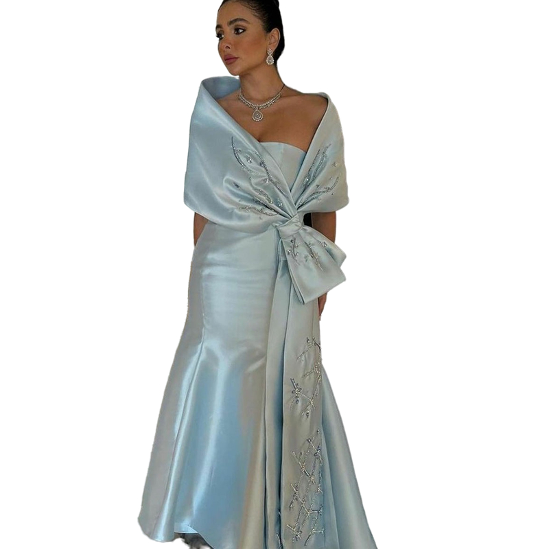 Elegant Mermaid Mother Of The Bride Dresses With Beading Shawl Bow Ankle Length Wedding Guest Gowns Groom Mom Formal Evening Wear Women Prom Dress