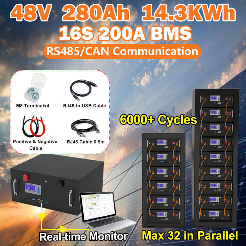 48V LiFePO4 280Ah 200Ah 100Ah Battery Pack 51.2V 10KWh 100% Capacity with RS485 CAN for Energy Storage Backup Power
48V LiFePO4 280Ah 200Ah 100Ah Battery Pack 51.2V 10KWh 100% Capacity with RS485 CAN for Energy Storage Backup Power