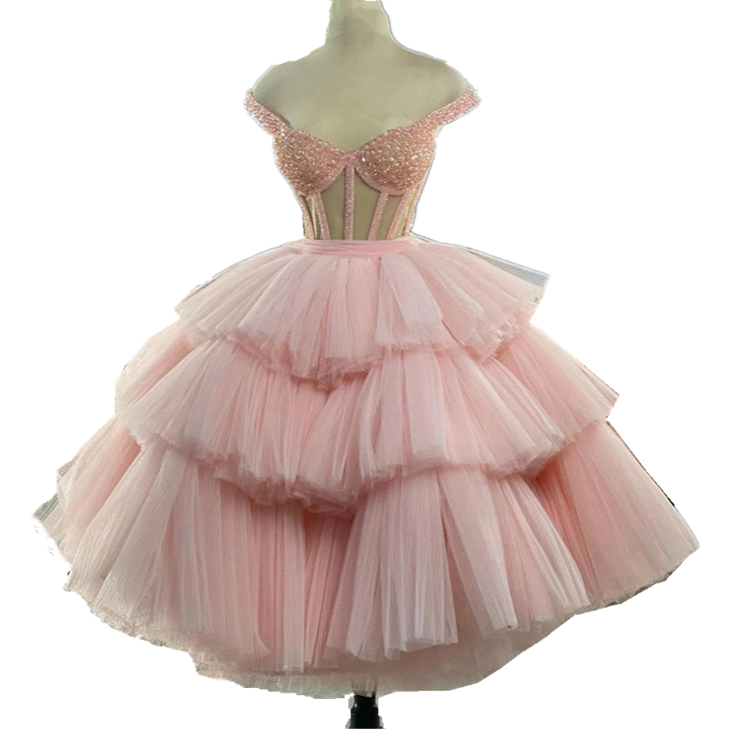 Crystals Beaded Puffy Wedding Dress Corset Sweetheart Neck Off Shoulder Tea Length Vintage Bridal Wear Tiers Tutu Tulle Vestido De Novia Sexy Engageme