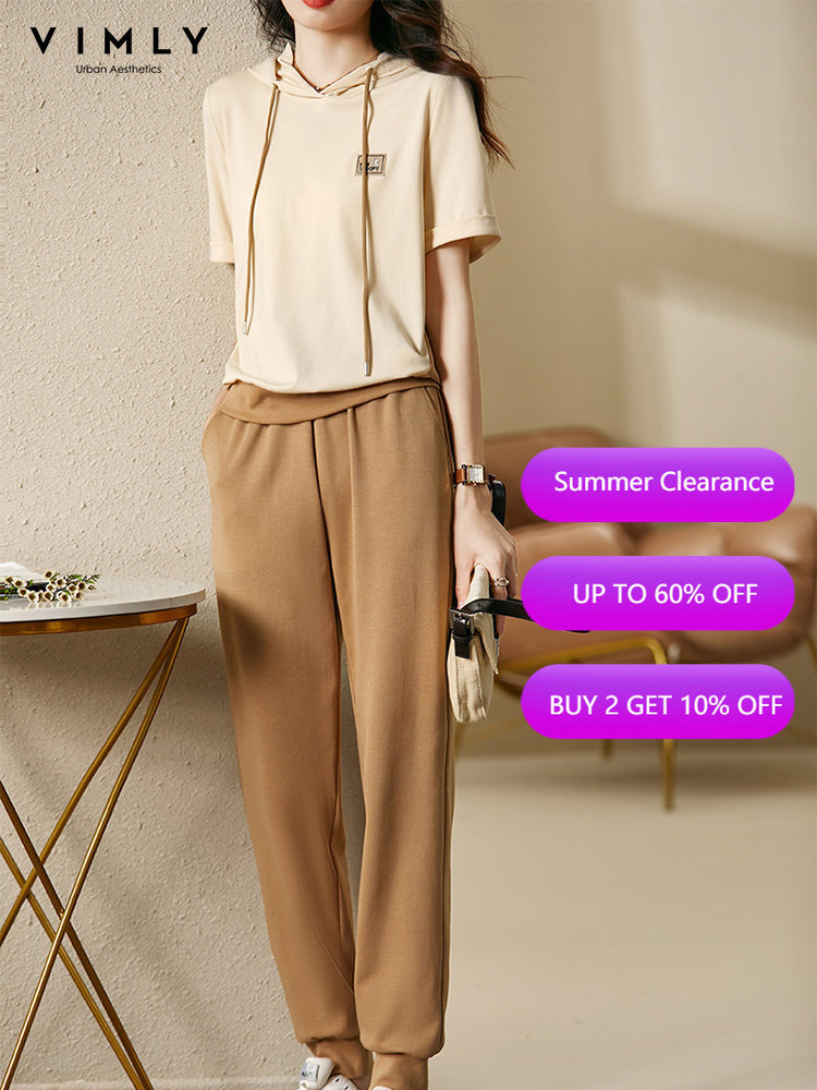 Womens Two Piece Pants VIMLY Summer Hoodie Set for Women Short Sleeve Tshirt Elestic Drawstring Sweatpants Korean Loose Pant V3187 230209