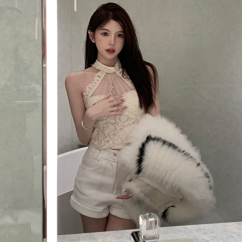 Women sexy halter neck gauze patched perspective lace floral padded bustier short tanks camis SML