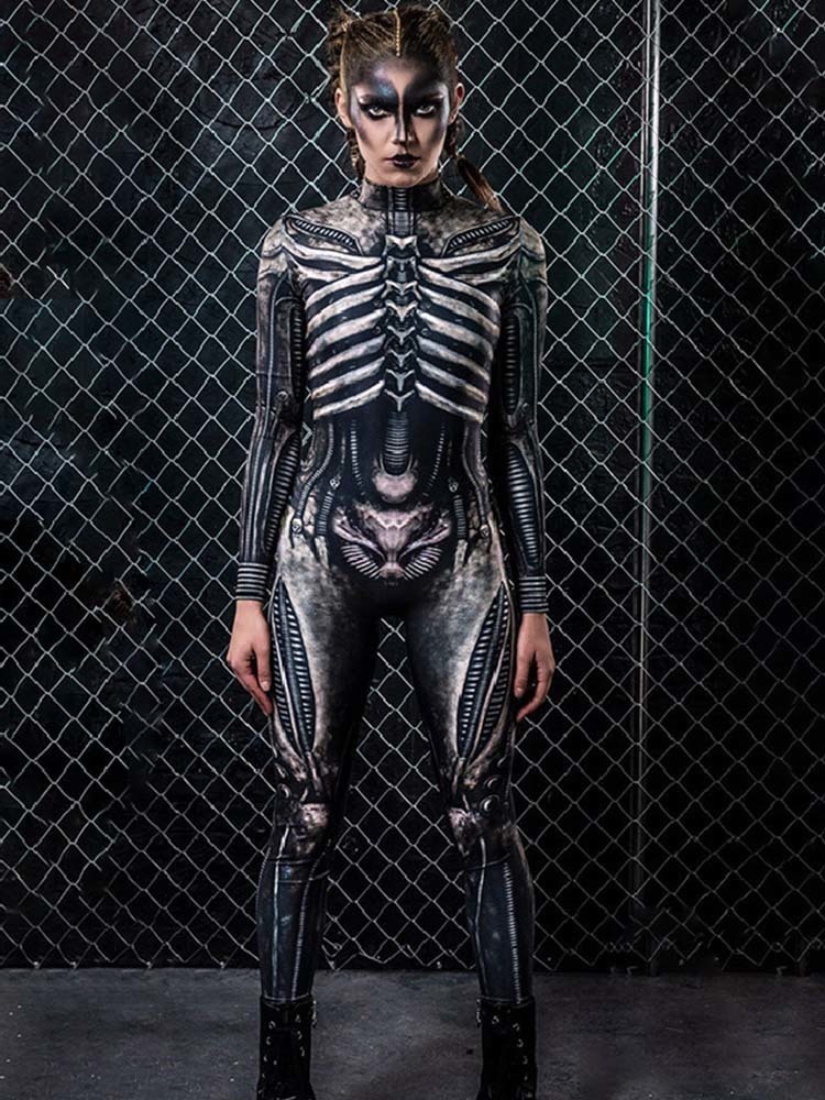 Women's Jumpsuits Rompers Halloween Skeleton Printed Bodysuit Cosplay Costumes Suit Women Jumpsuit Disfraz Halloween Mujer Scary Costumes 230210