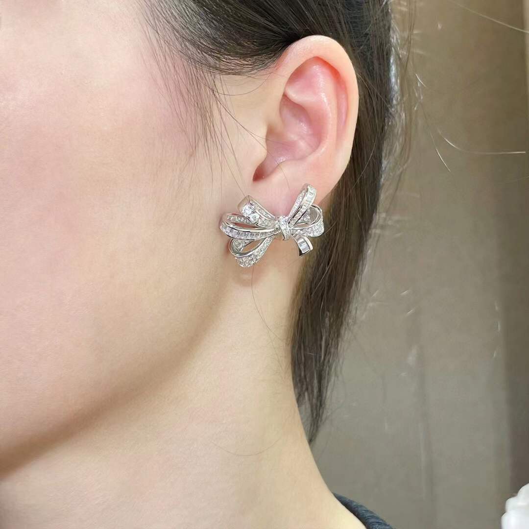 Trendy Crystal Tilda Bow Earrings For Women 925 Sterling Silver Ice Diamond Jewelry Wedding Cube Zircon Bow Knot Earring