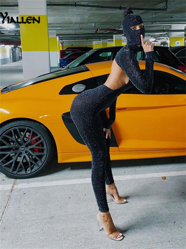 Women's Jumpsuits Rompers Yiallen Sexy Backless Shiny Jumpsuit Mask Two Piece Outfits Women Matching Set Spring Night Party Club Femme Activewear