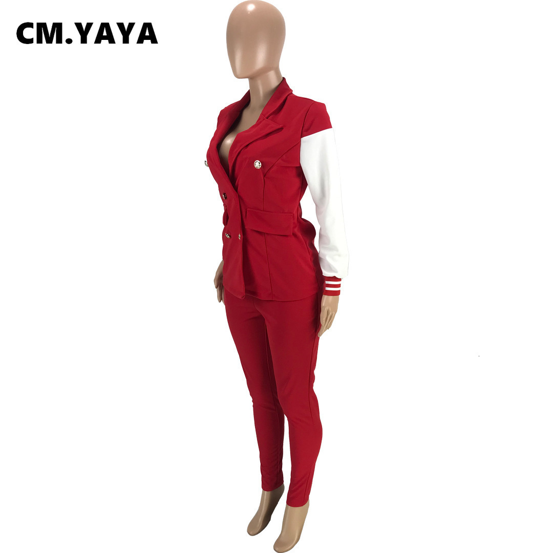 Womens Two Piece Pants CMYAYA Tracksuit Baseball Style Notched Neck Blazer Suit Matching 2 Set Office Lady Outfits Sweatsuit 230209