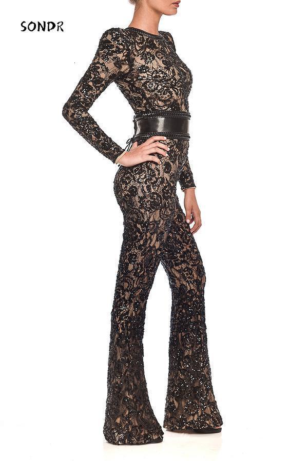 Women's Jumpsuits Rompers Spring High-end Heavy Industry Retro Lace Elegant Solid Full Sleeve High Waist Women's Skinny Boot Cut Jumpsuits 2