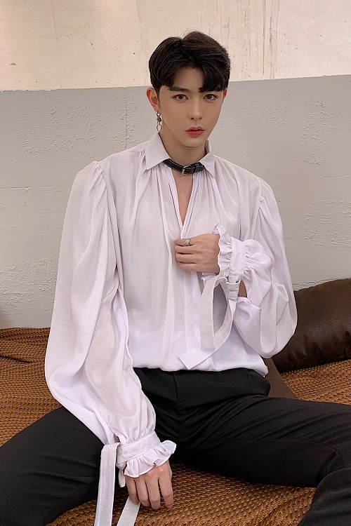 Men's Casual Shirts Men Long Puff Ruffles Sleeve BF Gothic Vintage Blouse Bat Style Folds Gentleman Victorian Elegant Fashion Tops 230209