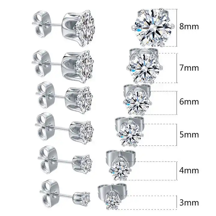 6 pairs Round Zircon Diamond Stud Earrings Stainless Steel Minimalist Simple Stone 3-8mm CZ Earrings for Women Men Unisex