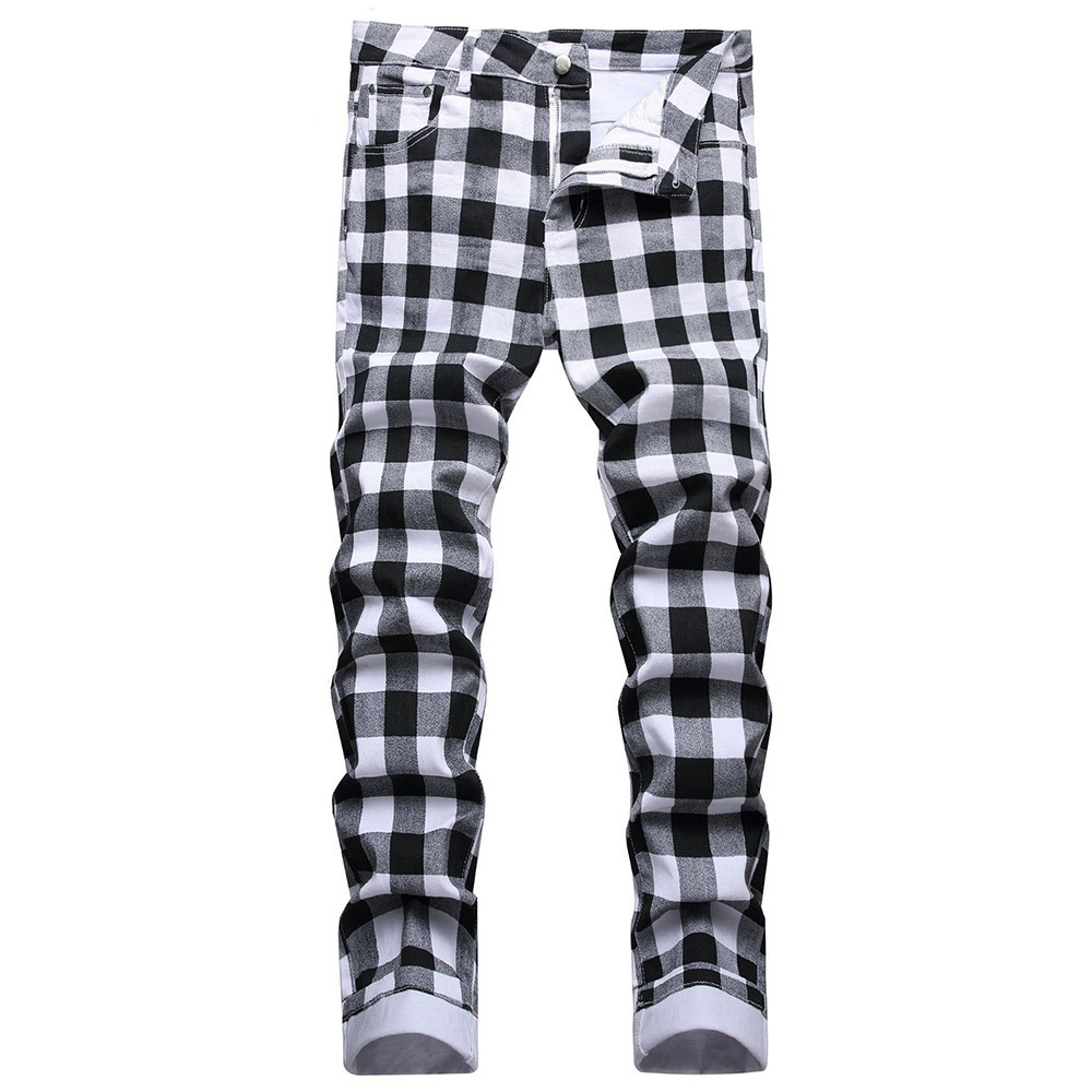 Men's Jeans Black and White Plaid Printed Fashion Check Digital Print Slim Straight Pants Stretch Trousers 230211