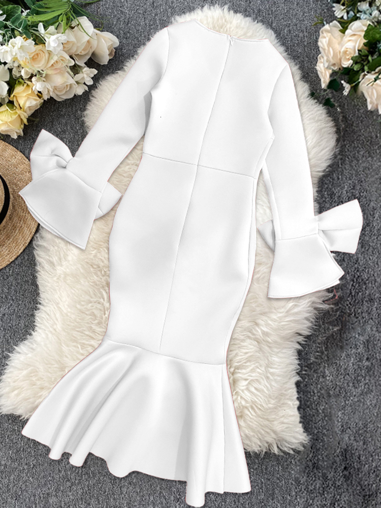 Party Dresses Women Bodycon Party Dress Long Flare Sleeves Cold Shoulder Ruffles Bowtie Elegant Slim Evening Birthday Event Robes Female 4XL 230211