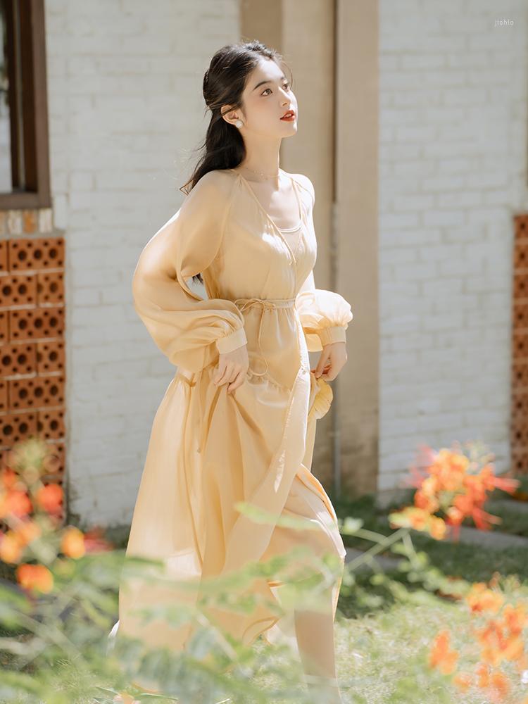 Casual Dresses Gentle Wind Fairy 2 Piece Set Female Crew Neck Simple Slip Dress Lantern Sleeve V-neck Loose Lace-up Retro Women