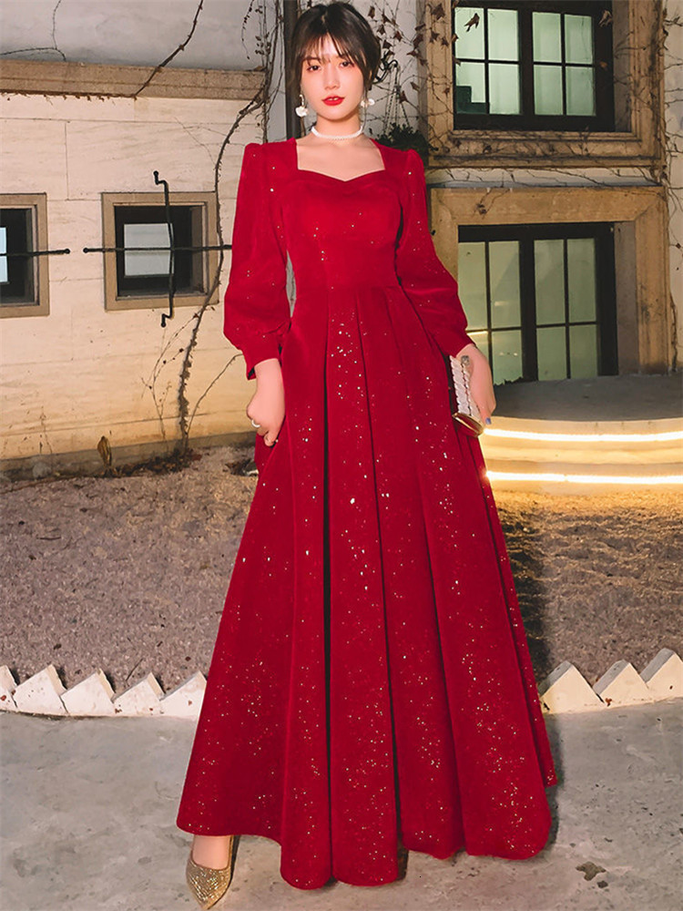 Party Dresses Temperament Dress Women's Solid Color Spring Autumn Square Collar Long-sleeved A-line Long Skirt Fashion Female Clothing 245 230211