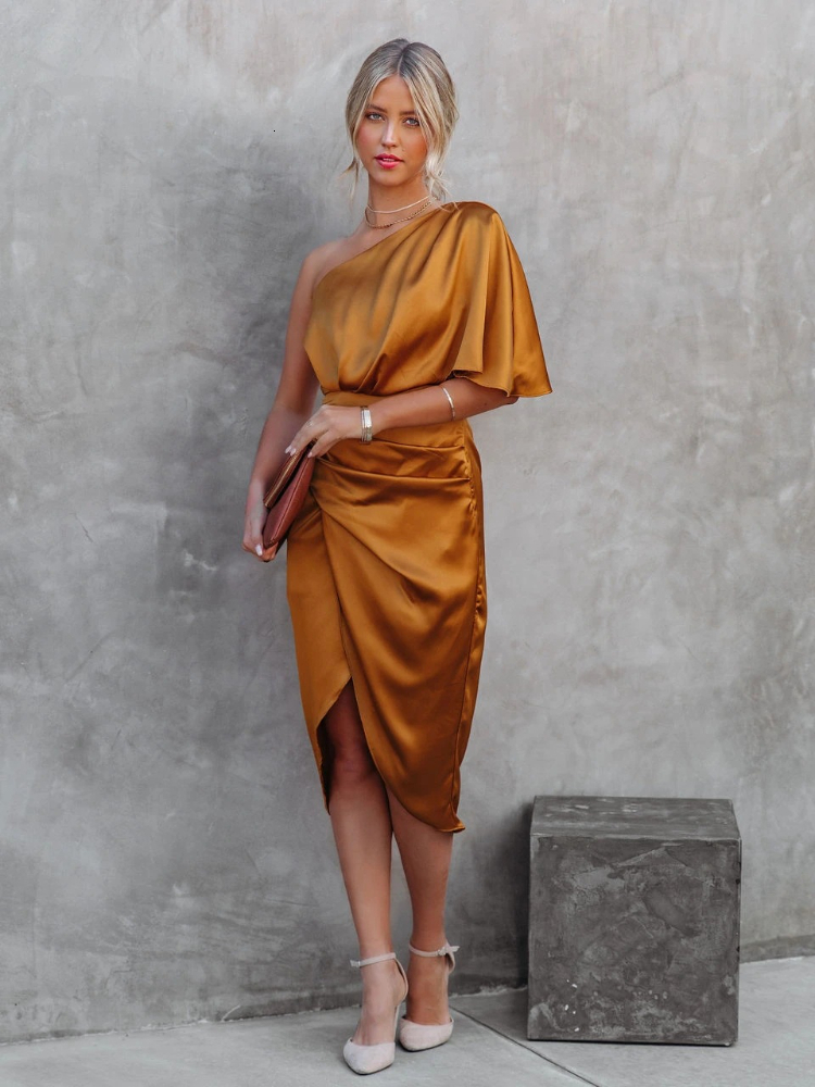 Party Dresses Bodycon Sexy Silk Robe Satin Dress For Women Short Sleeve One Shoulder High Split Ruched Evening Autumn 230211