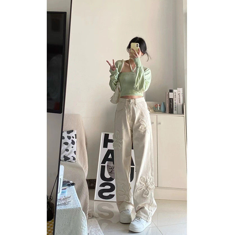 Women's Jeans Wash paste cloth with rough edges flowers waist straight tube loose and thin versatile jeans women's high street 230211 Z26031