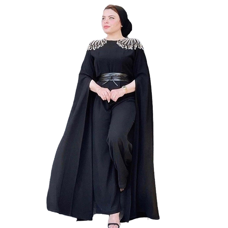 Modest Arabic Black Evening Dresses Chiffon Jumpsuits With Cape Sleeve Jewel Neck Muslim Dubai Formal Occasion Wear Women Pants Suit Set Custom Made