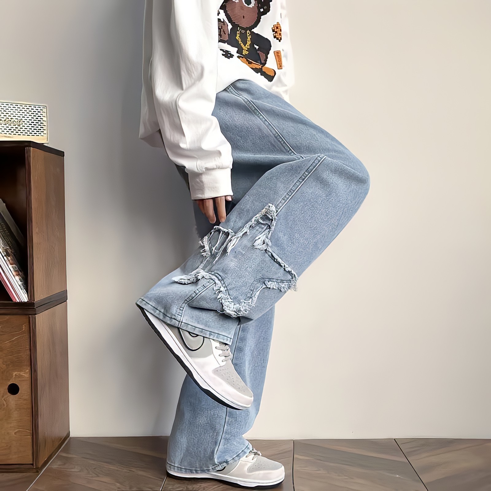 Men's Jeans American Style Streetwear Vintage Y2k Embroidery Star Black For Men Hippie Grunge Clothes Casual Straight Wide Leg Pants 230211