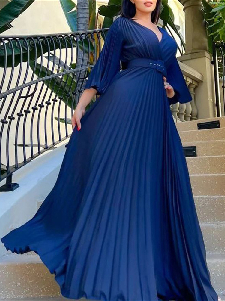 Party Dresses Sexy V-Neck Pleated Dinner Party Dress Women Yellow Elegant with Belt Long Sleeve Robe Femme African Maxi Red Vestido 230211