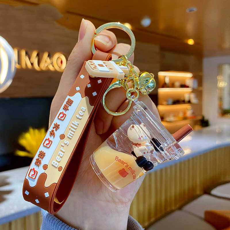 Key Rings Bears Milk Tea Liquid Keychain for Women Girls Tea Cup Design Tapioca Ball Drink Boba Milk Keyring Floating Quicksand Key Chain G230210
