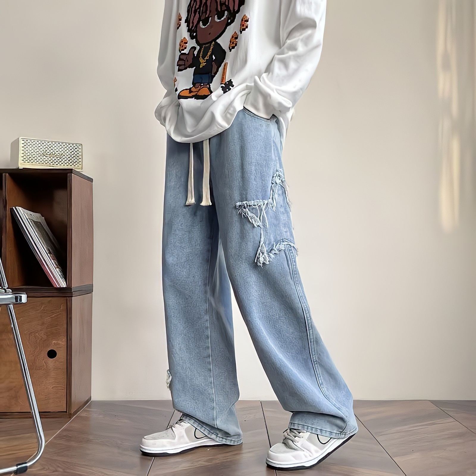 Men's Jeans American Style Streetwear Vintage Y2k Embroidery Star Black For Men Hippie Grunge Clothes Casual Straight Wide Leg Pants 230211