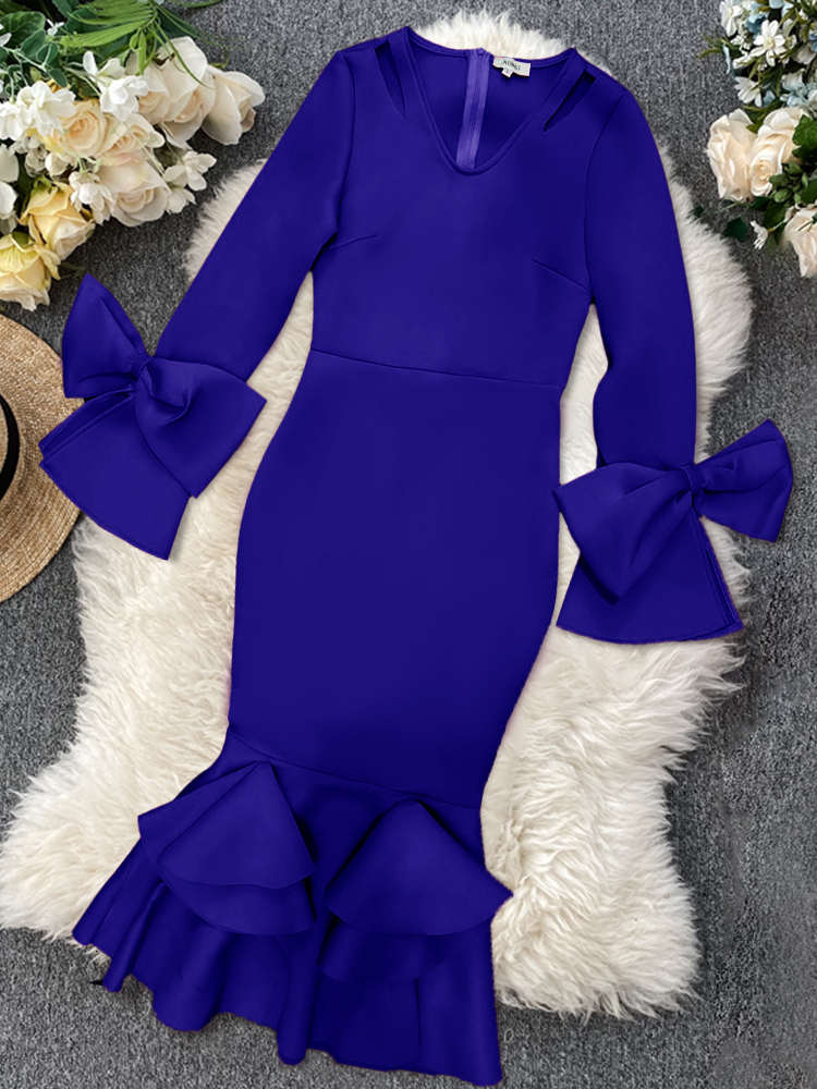 Party Dresses Women Bodycon Party Dress Long Flare Sleeves Cold Shoulder Ruffles Bowtie Elegant Slim Evening Birthday Event Robes Female 4XL 230211
