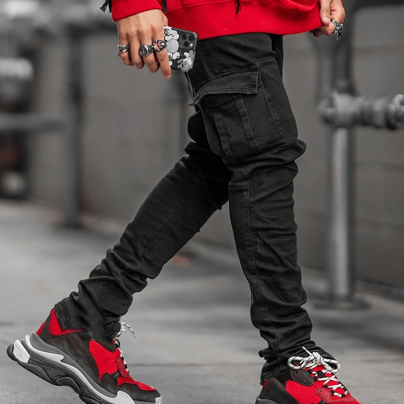 Men's Jeans Pants Casual Cotton Denim Trousers Multi Pocket Cargo Fashion Pencil Side Pockets 230211
