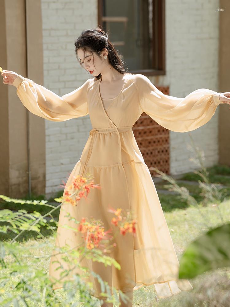 Casual Dresses Gentle Wind Fairy 2 Piece Set Female Crew Neck Simple Slip Dress Lantern Sleeve V-neck Loose Lace-up Retro Women