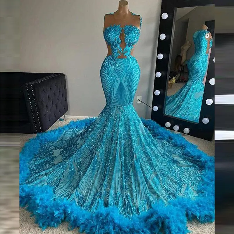 Evening Dresses Pea Sleeveless Mermaid Lace Applique Feather Jewel Neck Sweep Train Satin Plus Size Pleats Prom Gown Formal Custom Vestidos