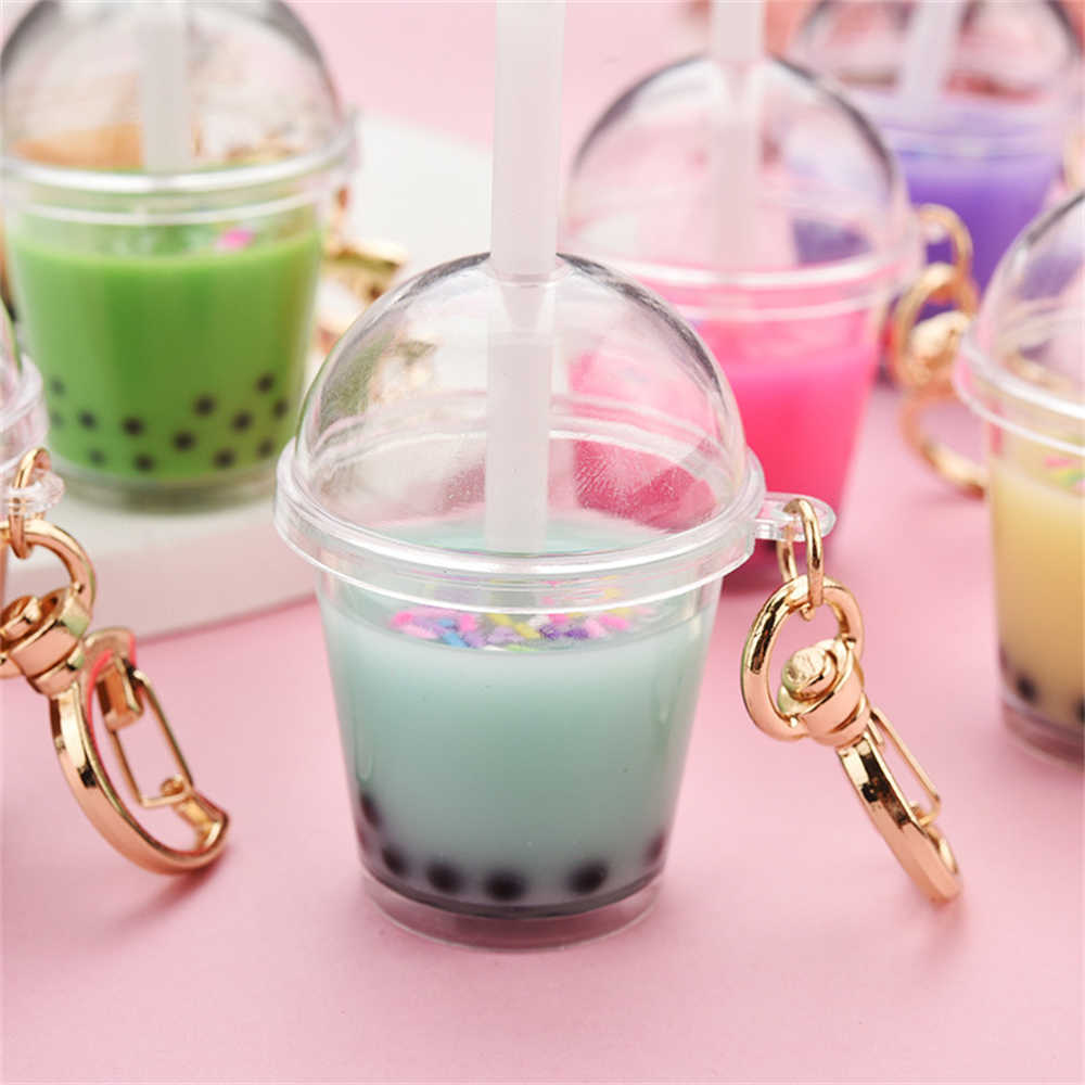 Key Rings Cute Mini Bubble Tea Keychain For Women Acrylic Simulation Bubble Cup Moon Key Chains with Straw Girl Gift Decoration Pendant G230210