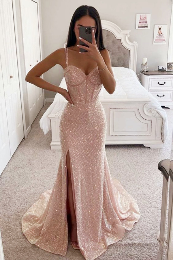 2024 Pink Sequins Prom Dresses Sweetheart Necke Mermaid Evening Dress With Slit Spaghetti Custom Made 0509 Lz0304