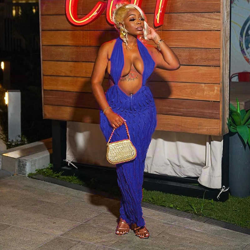 ANJAMANOR Casual Ruffled Dresses Mesh Deep V Halter Backless Long Maxi Dress Sexy Party Night Clubwear Pink Birthday Dressed For Women D66-Bh19 T2