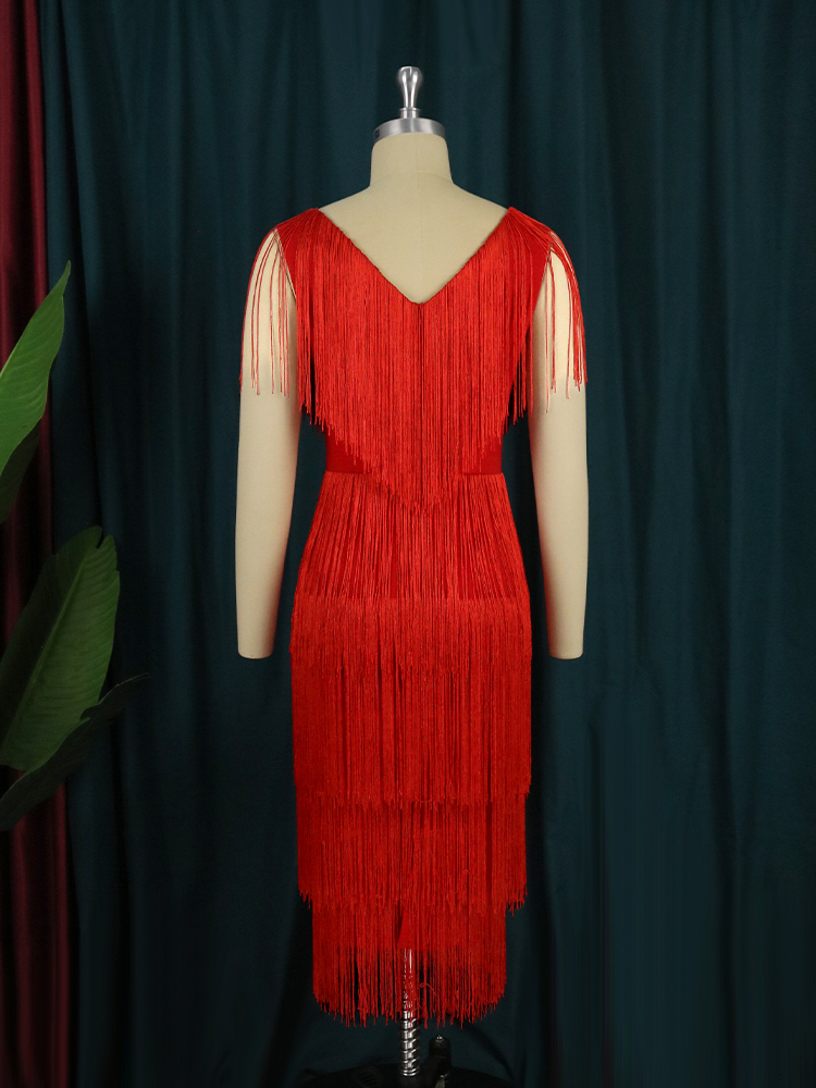 Party Dresses Red Tassel Dresses Women Sexy V Neck Fringe Cocktail Event Party Outfits Sleeveless Summer Fashion Gowns for Ladies 230211