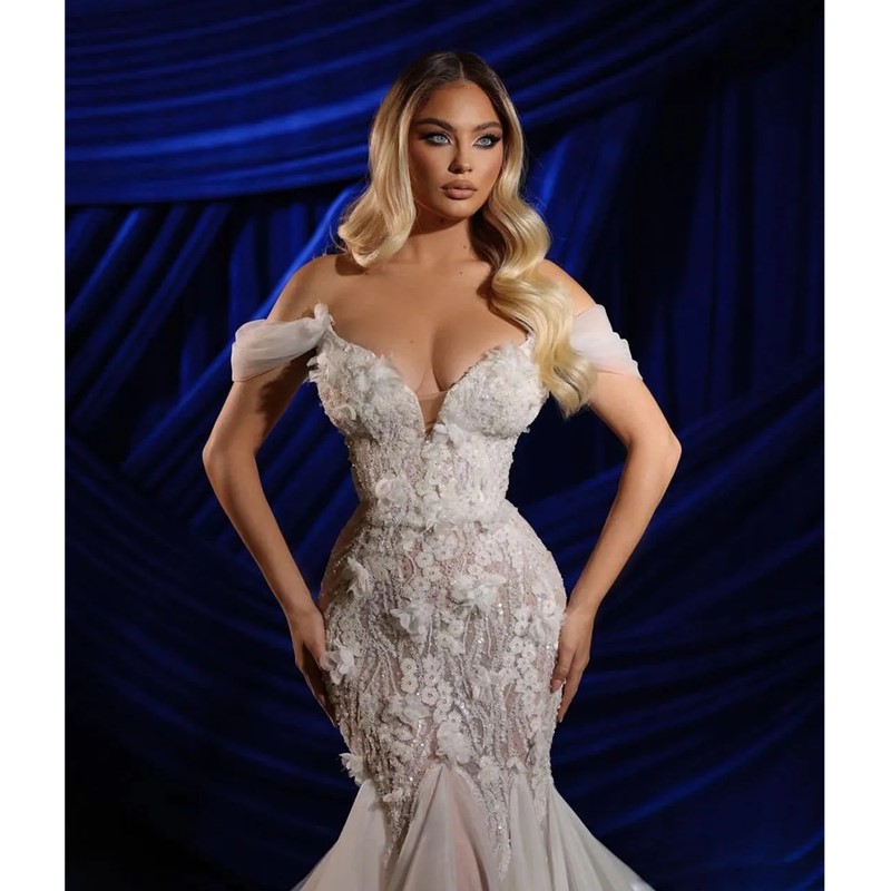 Shoulder Princess Off Mermaid Bridal Gowns Sleeveless V Neck 3D Lace Appliques Sequins Beaded Sexy Trumpet Train Or Length Plus Size Wedding Dresses 3