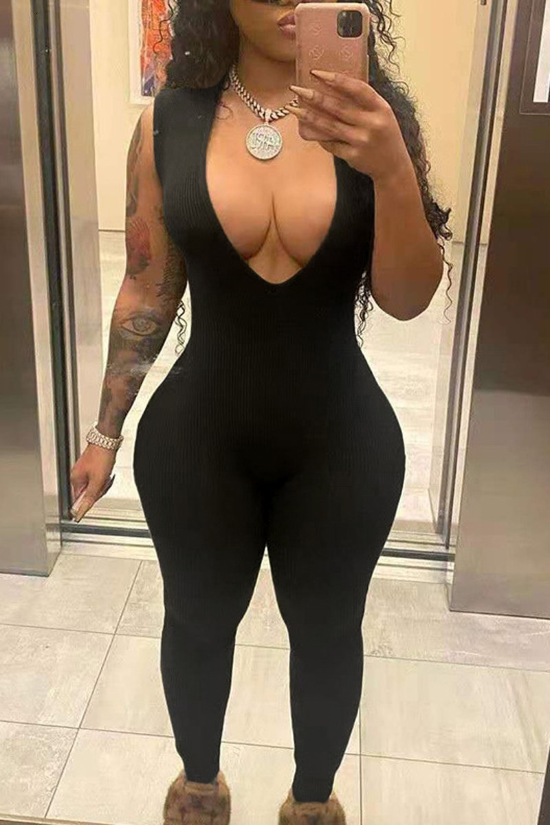 Women's Jumpsuits Rompers Deep V Neck Ribbed Long Jumpsuits Sleeveless Women Skinny Solid Army Green Bodycon Fashion Push Up Outfits 230210