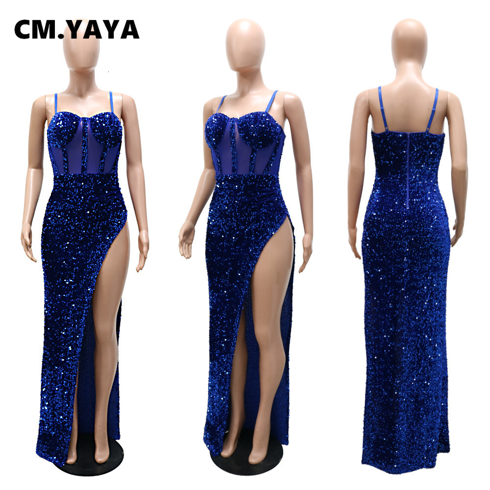 Party Dresses CM.YAYA Women Mesh Patchwork High Side Split Sequin Bodycon Midi Backless Maxi Long Sexy Night Spaghetti Strap 230211