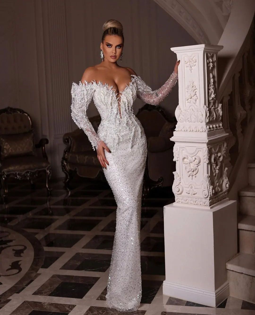 Mermaid Wedding Long Sleeves V Neck Pearls Beaded Sequins Appliques Formal Dresses Detachable Train Bridal Gowns Plus Size Vestido de novia Custom