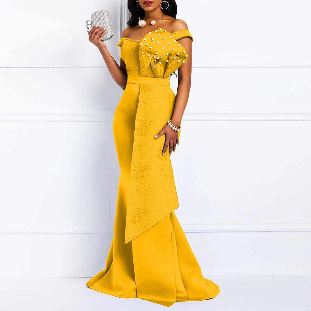 Party Dresses Winter Women Slash Neck Short Sleeve Pearl Dress Sexy Office Lady Africa Evening Night Club Long Maxi GL05143 230211