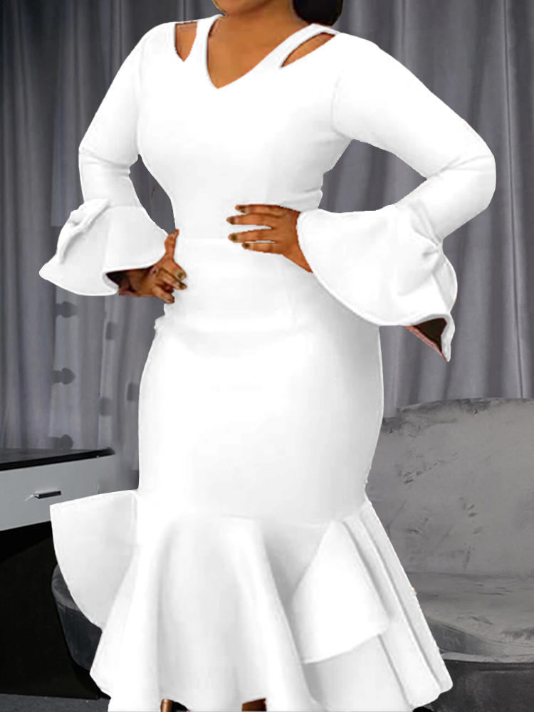 Party Dresses Women Bodycon Party Dress Long Flare Sleeves Cold Shoulder Ruffles Bowtie Elegant Slim Evening Birthday Event Robes Female 4XL 230211
