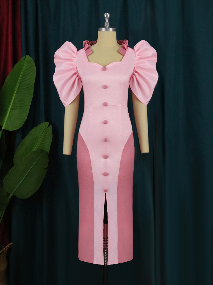 Party Dresses Sexy Pink for Women High Slit Short Puff Sleeve Button Robes Celebrate Homecoming Event Outfits Summer Vestidos 230211