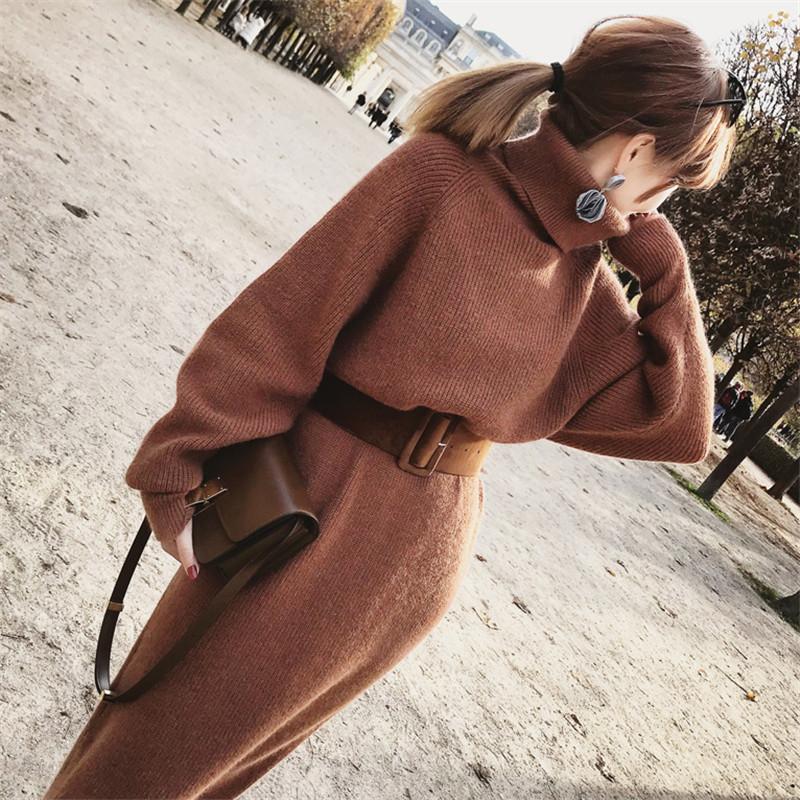 Casual Dresses WAVSIYIER Women Knitted Dress Female Autumn Winter Jumper Woman Solid Brown Belt Turtleneck Collar Maxi Sweater