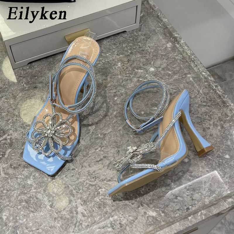 Sandals Eilyken New Glitter Crystal Flowers Summer Women Sandals Gold Pink Rhinestone Ankle Strap Wedding Shoes High Heels Party Pumps G230211