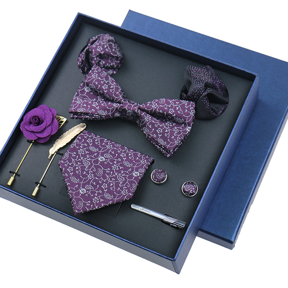 Neck Tie Set 8-piece Set Bussiness Blue Ties For Mans Floral Brooches Pin Cufflinks Tie Clips Butterfly Bowtie Wedding Accessori Gift Box Set 230210
