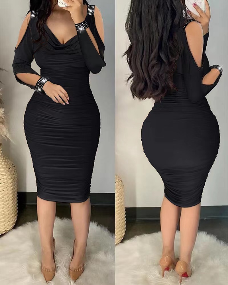 Party Dresses Autumn Sexy Elegant Off Shoulder Tight Women Fashion V-Neck Hollow Out Diamond Long Sleeve Stacked Slim 230211