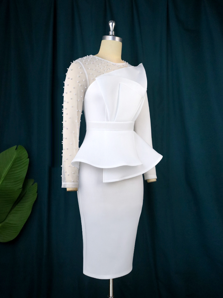 Party Dresses Women White Dress Sexy Long Sleeve Beading Mesh Patchwork Peplum Elegant Knee Length Christmas Event Evening African Gowns 230211
