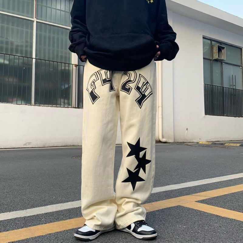 Men's Jeans American retro alphabet jeans printing straight high-grade men and women hip-hop trend loose all-match long pants 230211