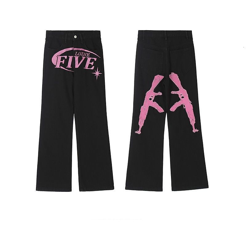 Men's Jeans American retro alphabet jeans printing straight high-grade men and women hip-hop trend loose all-match long pants 230211