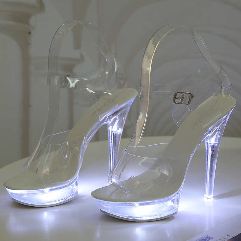 Sandals Light Up Glowing Shoes Woman Luminous Clear Sandals Women Platform Shoes LED 13cm High Heel Transparent Stripper Heels Shoes G230211