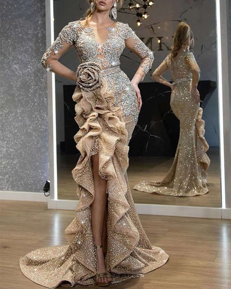 Party Dresses arrival sexy flower girls bling night dress long sleeve lace pleat elegant sequin prom evening party dresses for women 230211