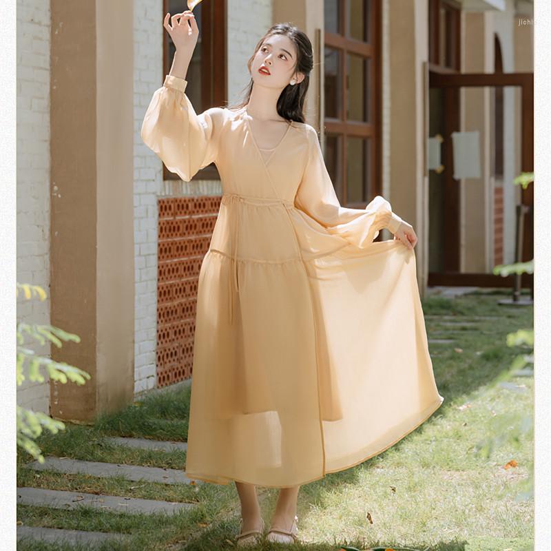 Casual Dresses Gentle Wind Fairy 2 Piece Set Female Crew Neck Simple Slip Dress Lantern Sleeve V-neck Loose Lace-up Retro Women