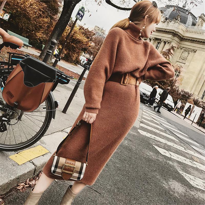 Casual Dresses WAVSIYIER Women Knitted Dress Female Autumn Winter Jumper Woman Solid Brown Belt Turtleneck Collar Maxi Sweater
