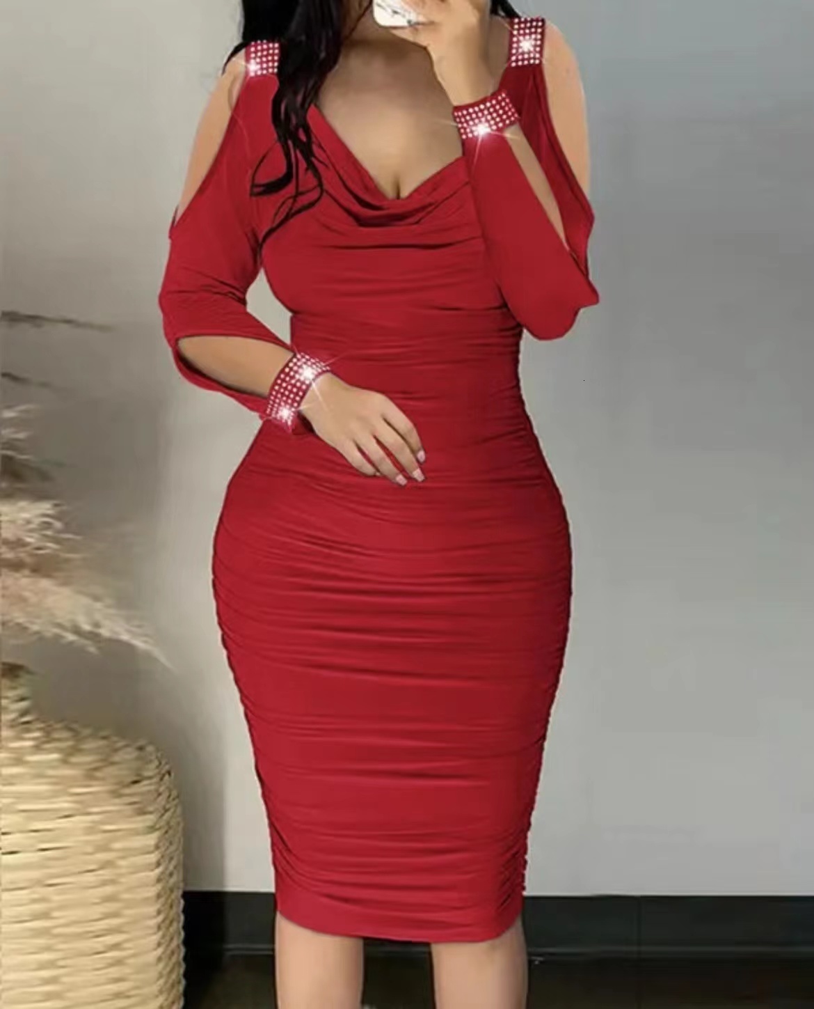 Party Dresses Autumn Sexy Elegant Off Shoulder Tight Women Fashion V-Neck Hollow Out Diamond Long Sleeve Stacked Slim 230211